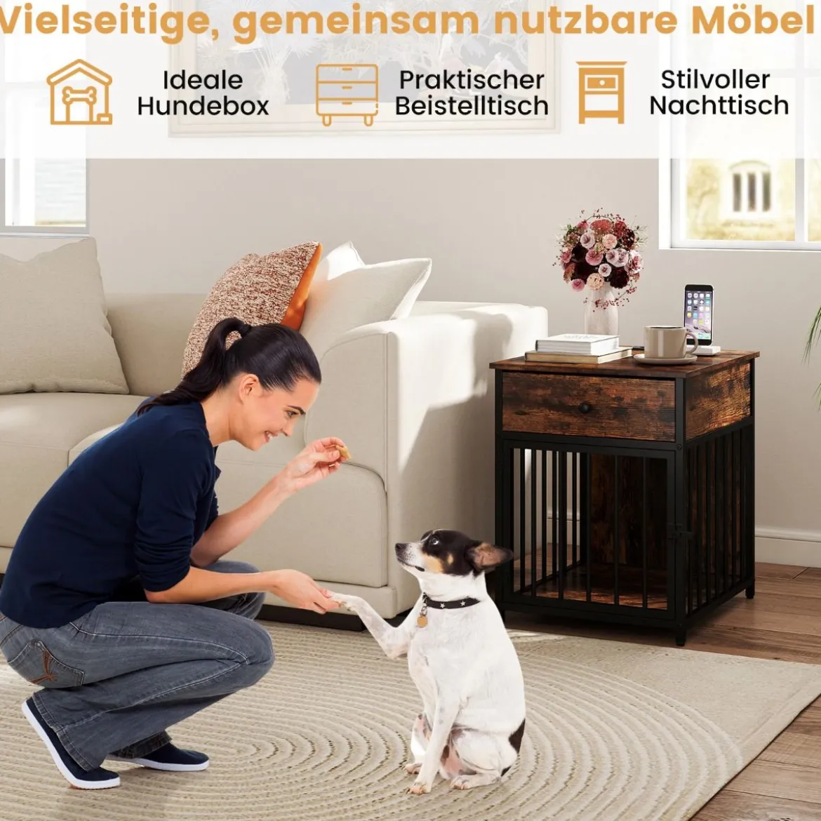 Hundekäfig Möbel Hundebox für Zuhause mit Ladestation Tür Schublade & Metallrohren Braun