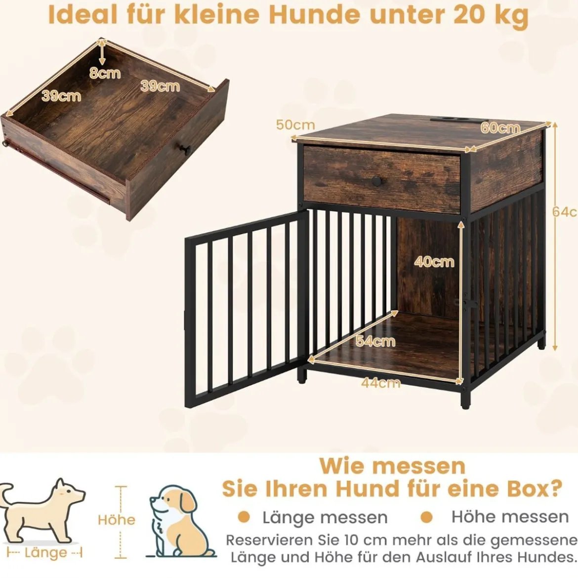 Hundekäfig Möbel Hundebox für Zuhause mit Ladestation Tür Schublade & Metallrohren Braun