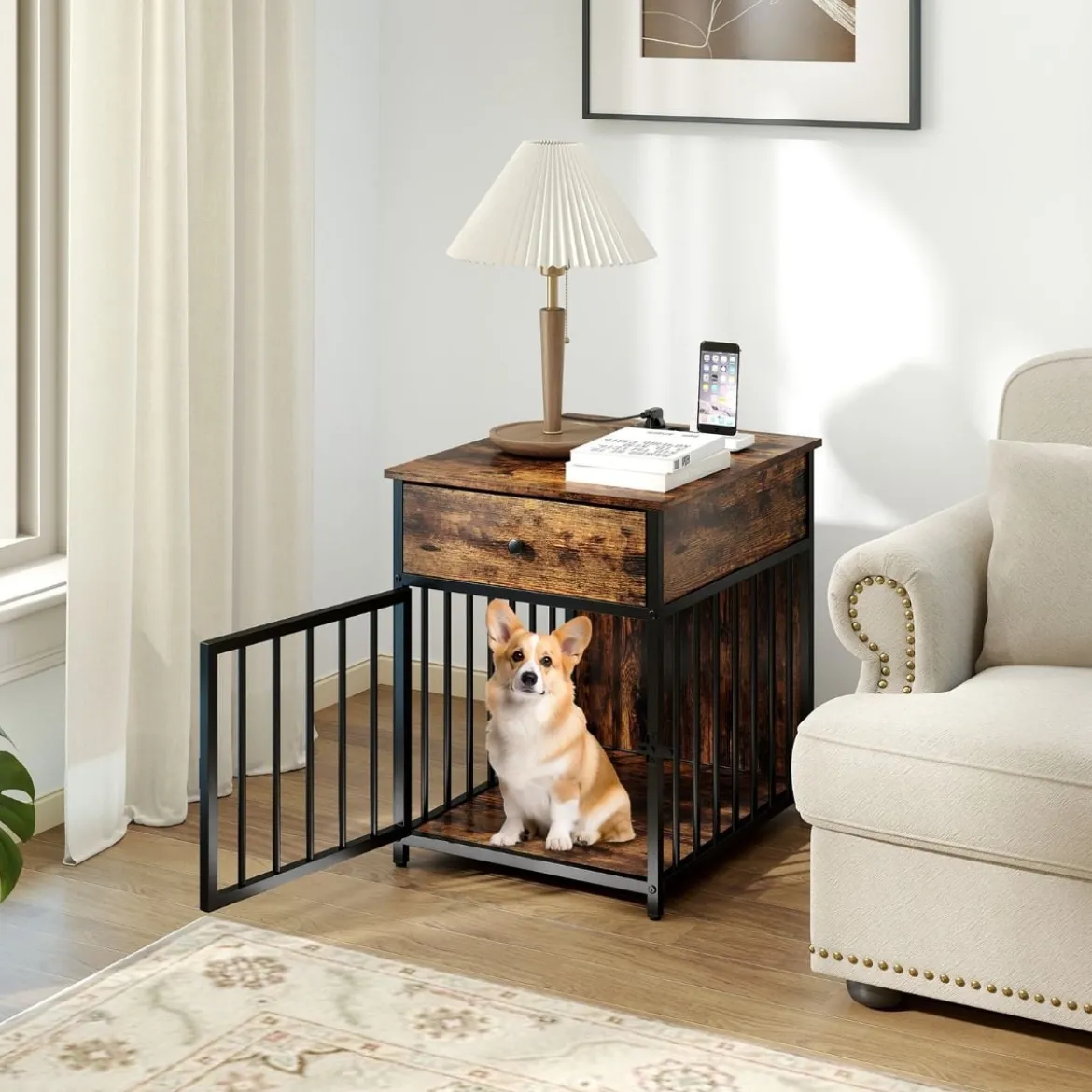 Hundekäfig Möbel Hundebox für Zuhause mit Ladestation Tür Schublade & Metallrohren Braun