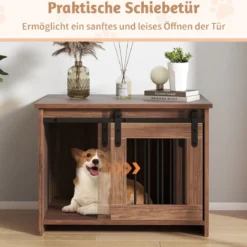 Hundekäfig Möbel mit Schiebetür Hundebox aus Metall Holz Hundehütte Haustierkäfig Braun