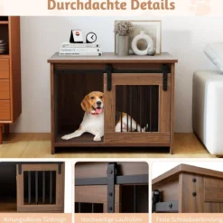 Hundekäfig Möbel mit Schiebetür Hundebox aus Metall Holz Hundehütte Haustierkäfig Braun