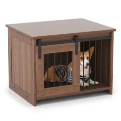Hundekäfig Möbel mit Schiebetür Hundebox aus Metall Holz Hundehütte Haustierkäfig Braun