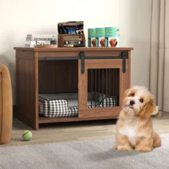 Hundekäfig Möbel mit Schiebetür Hundebox aus Metall Holz Hundehütte Haustierkäfig Braun