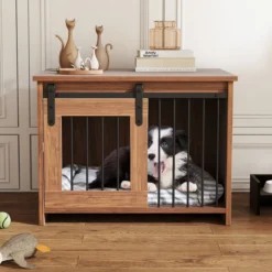 Hundekäfig Möbel mit Schiebetür Hundebox aus Metall Holz Hundehütte Haustierkäfig Braun