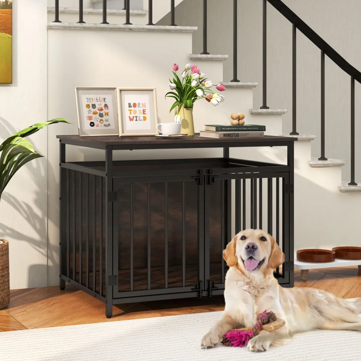 Hundekäfig Möbel mit 3 Türen Holz Hundebox Hundegitterbox Beistelltisch 80 x 60 x 64 cm