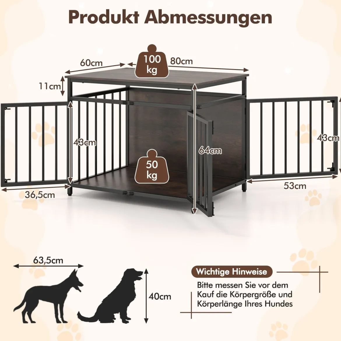 Hundekäfig Möbel mit 3 Türen Holz Hundebox Hundegitterbox Beistelltisch 80 x 60 x 64 cm