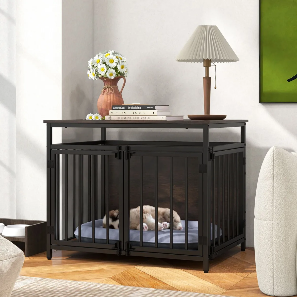 Hundekäfig Möbel mit 3 Türen Holz Hundebox Hundegitterbox Beistelltisch 80 x 60 x 64 cm