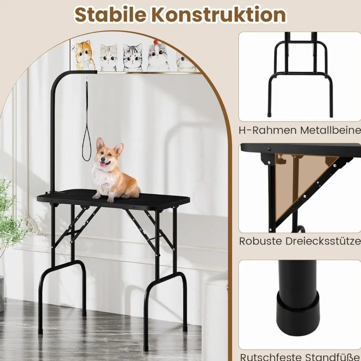 Hundepflegetisch klappbar Haustierpflegetisch höhenverstellbar Trimmtisch mit Schlingen Schwarz 80,5 x 46 x 76,5 cm