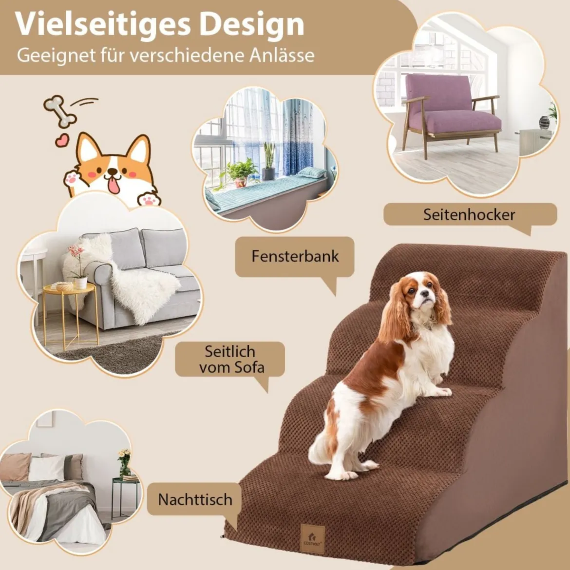 Hundetreppe rutschfeste 4-Stöckige Hunderampe aus Schaumstoff 72 x 41 x 51 cm Braun