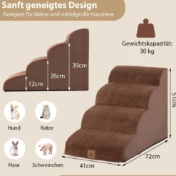 Hundetreppe rutschfeste 4-Stöckige Hunderampe aus Schaumstoff 72 x 41 x 51 cm Braun