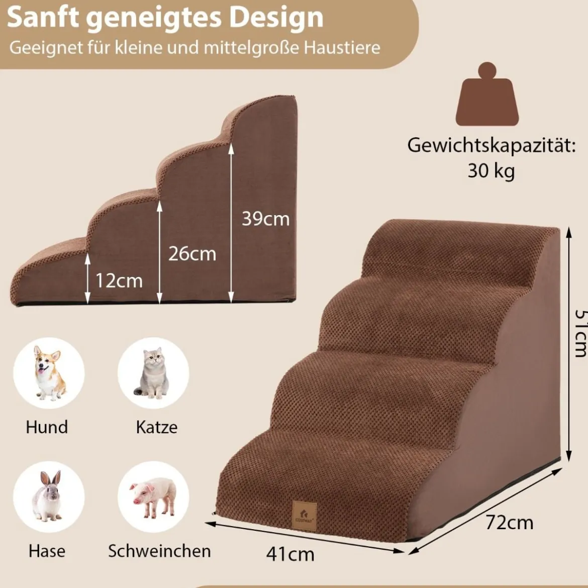 Hundetreppe rutschfeste 4-Stöckige Hunderampe aus Schaumstoff 72 x 41 x 51 cm Braun