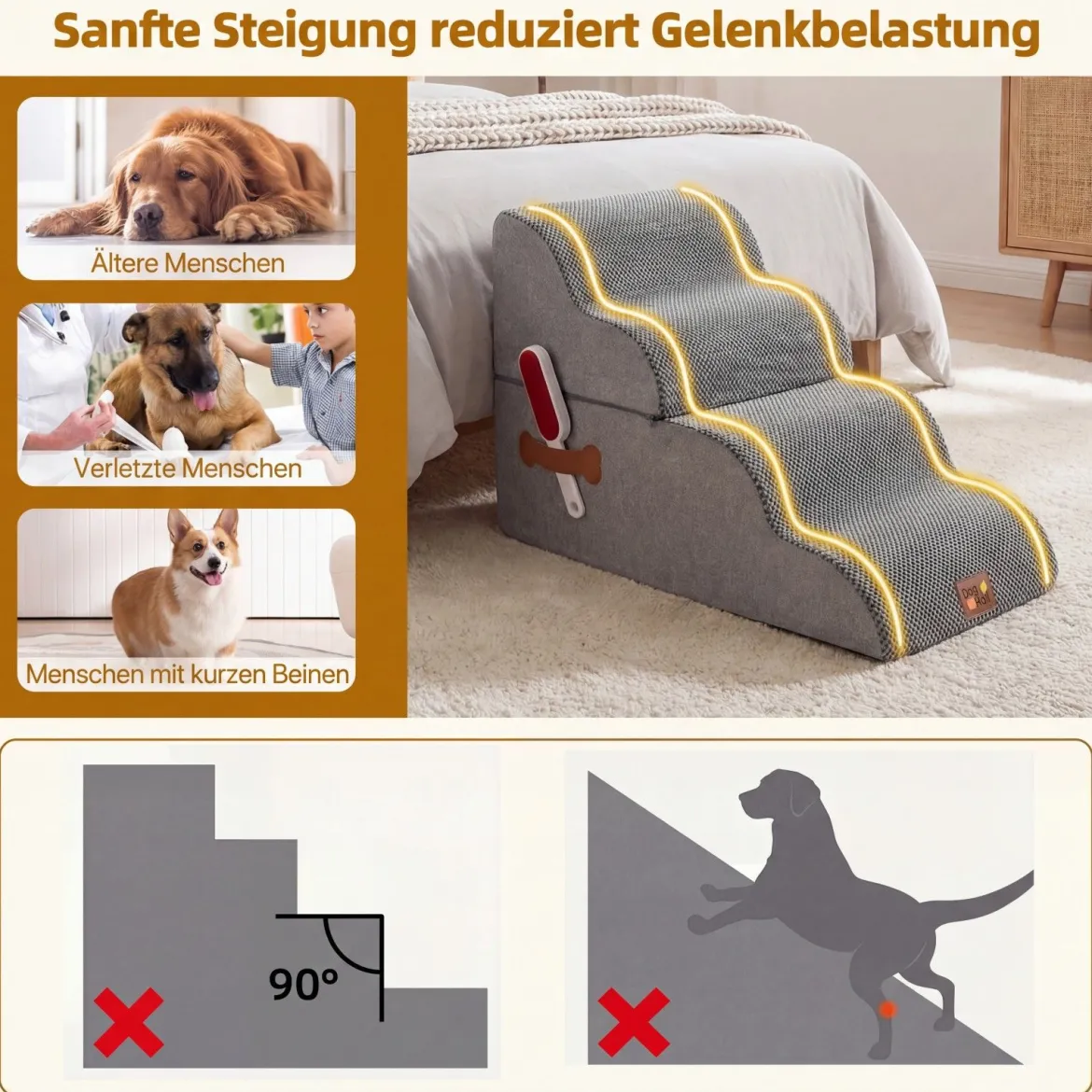 Hundetreppe 4 Stufen 50 cm Hoch Haustiertreppe Hundetreppe für Kleine Hunde Grau