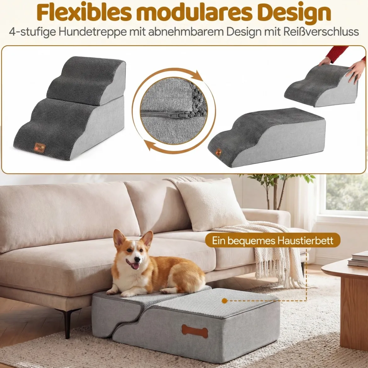 Hundetreppe 4 Stufen 50 cm Hoch Haustiertreppe Hundetreppe für Kleine Hunde Grau