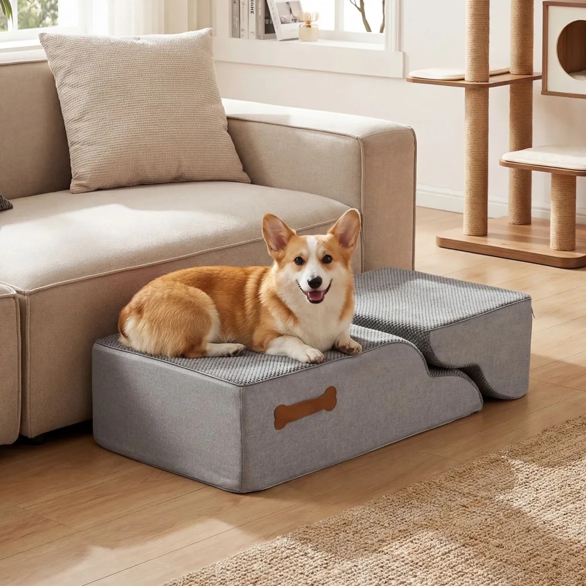 Hundetreppe 4 Stufen 50 cm Hoch Haustiertreppe Hundetreppe für Kleine Hunde Grau