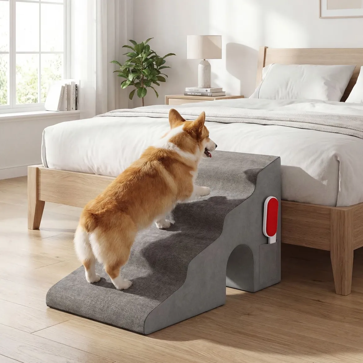 Hundetreppe 4 Stufen Haustiertreppe 43 cm Hoch mit Loch & Waschbarem Bezug Grau