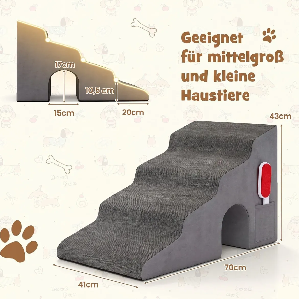 Hundetreppe 4 Stufen Haustiertreppe 43 cm Hoch mit Loch & Waschbarem Bezug Grau