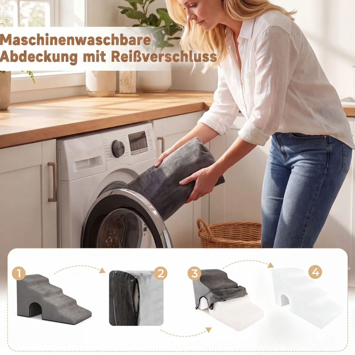 Hundetreppe 4 Stufen Haustiertreppe 43 cm Hoch mit Loch & Waschbarem Bezug Grau