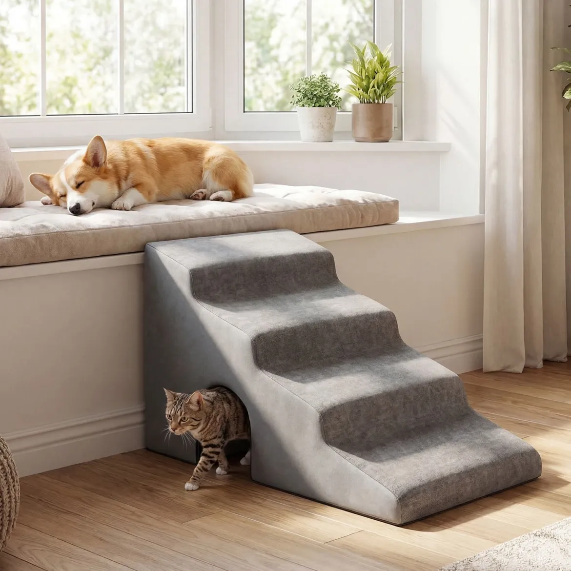 Hundetreppe 4 Stufen Haustiertreppe 43 cm Hoch mit Loch & Waschbarem Bezug Grau