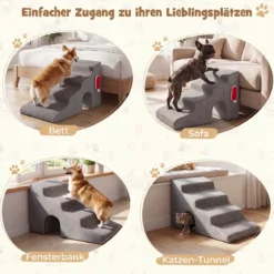 Hundetreppe 4 Stufen Haustiertreppe 43 cm Hoch mit Loch & Waschbarem Bezug Grau