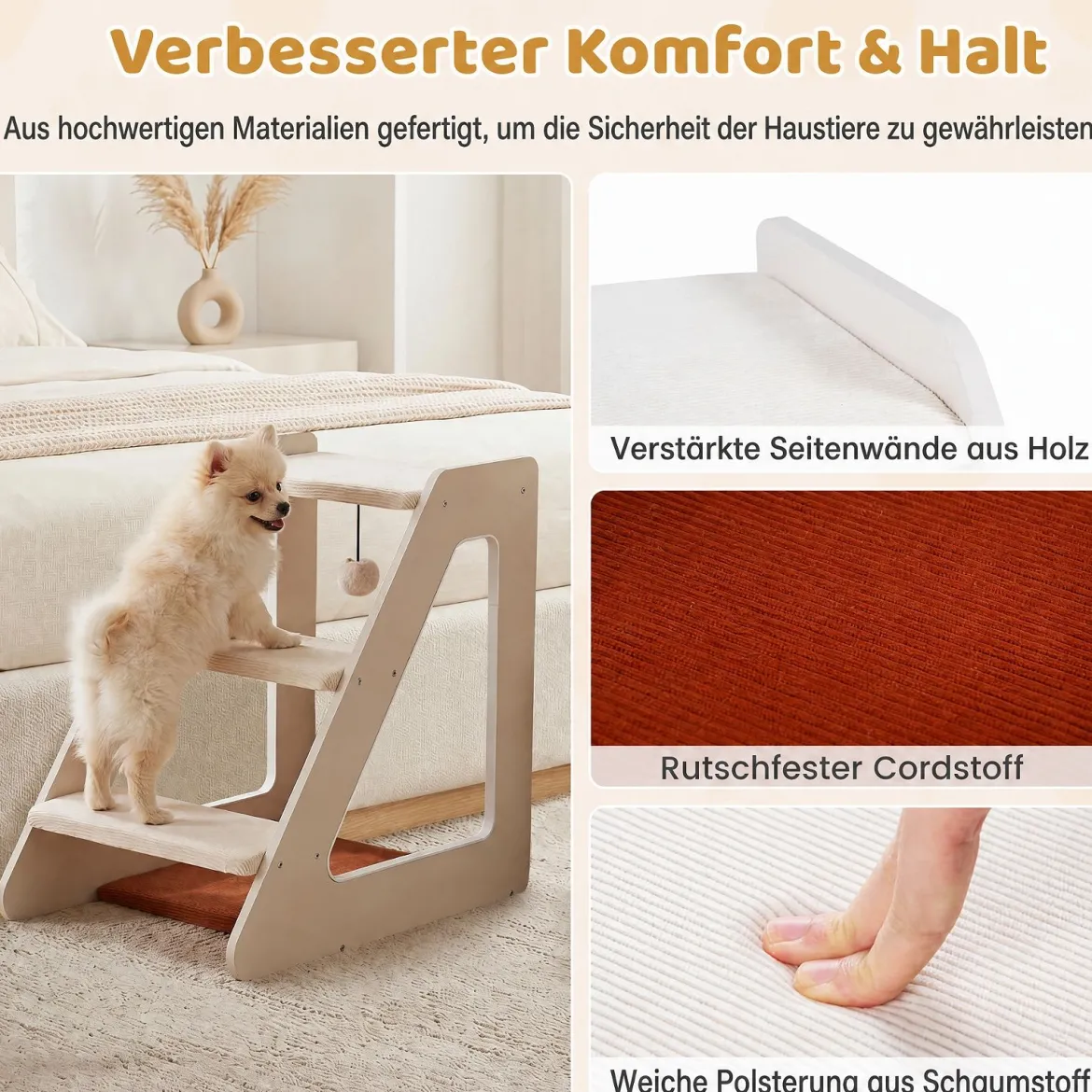 Hundetreppe 3 Stufen Katzentreppe mit Bequemem Katzenbett für Kleine Hunde und Katzen 54 x 33 x 48 cm