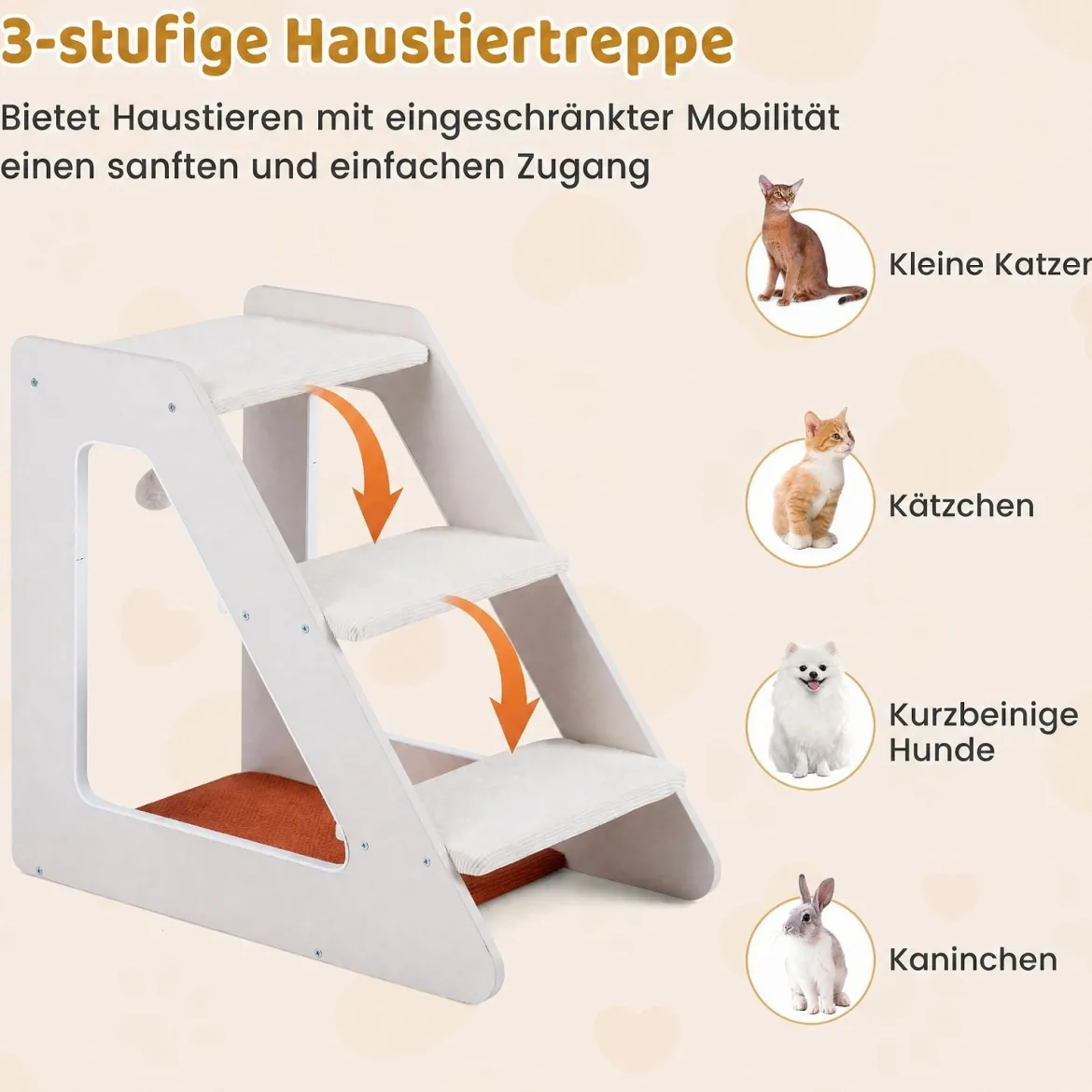 Hundetreppe 3 Stufen Katzentreppe mit Bequemem Katzenbett für Kleine Hunde und Katzen 54 x 33 x 48 cm