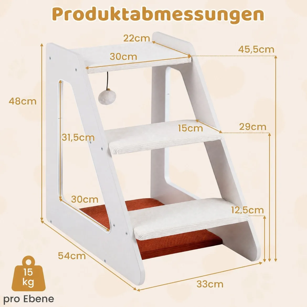 Hundetreppe 3 Stufen Katzentreppe mit Bequemem Katzenbett für Kleine Hunde und Katzen 54 x 33 x 48 cm
