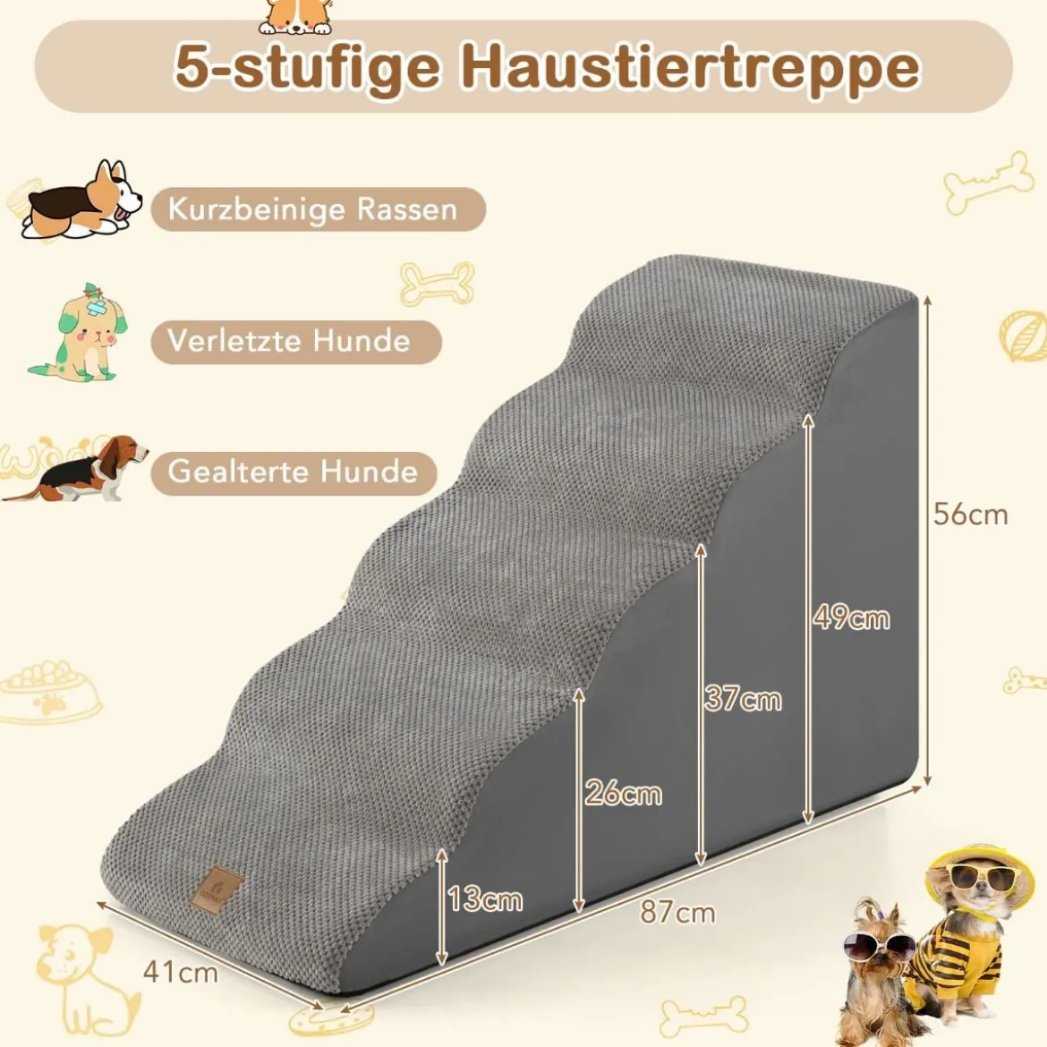 Hundetreppe 5 Stufen rutschfeste Hundestufe aus Schaumstoff Grau