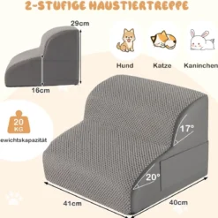Hundetreppe 2 Stufen rutschfeste Hundestufe aus Schaumstoff 20kg belastbar Grau