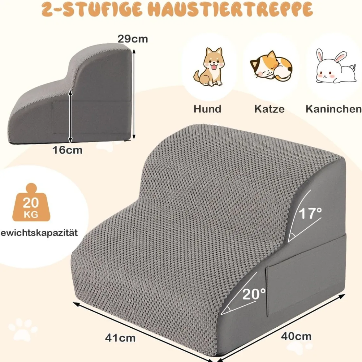 Hundetreppe 2 Stufen rutschfeste Hundestufe aus Schaumstoff 20kg belastbar Grau