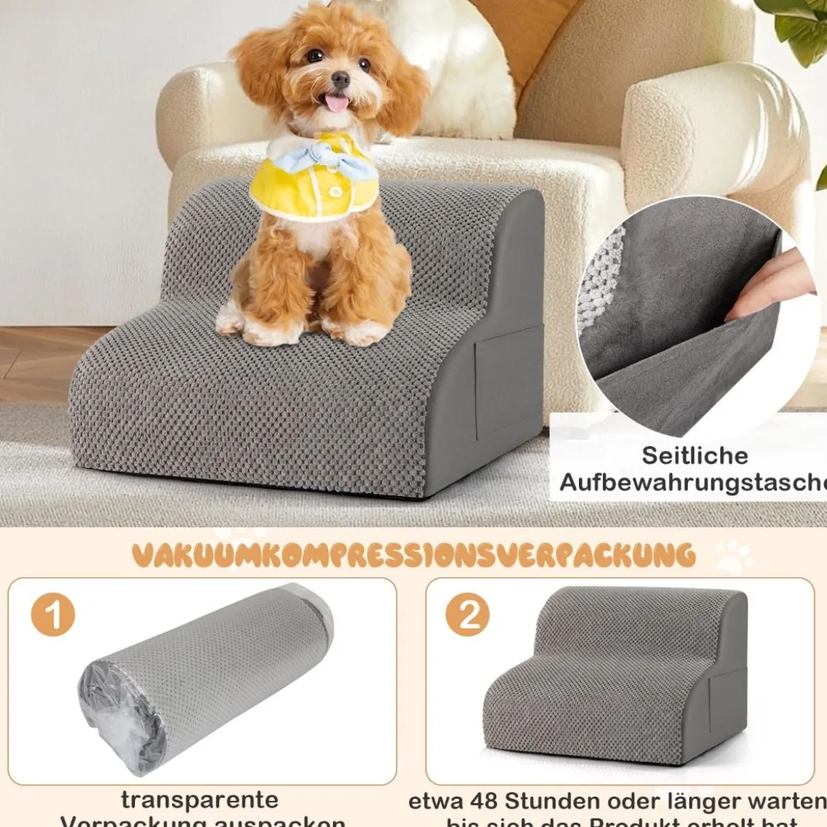 Hundetreppe 2 Stufen rutschfeste Hundestufe aus Schaumstoff 20kg belastbar Grau
