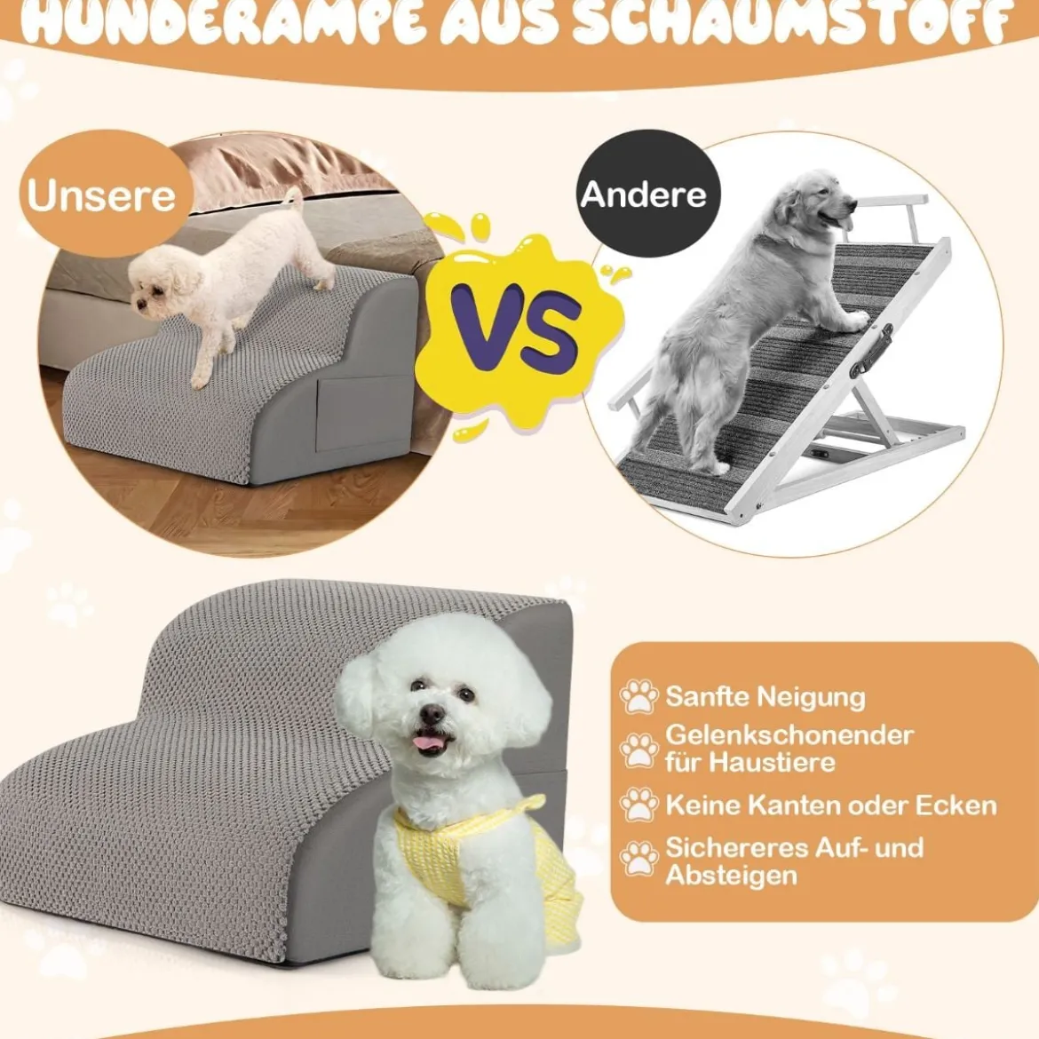 Hundetreppe 2 Stufen rutschfeste Hundestufe aus Schaumstoff 20kg belastbar Grau