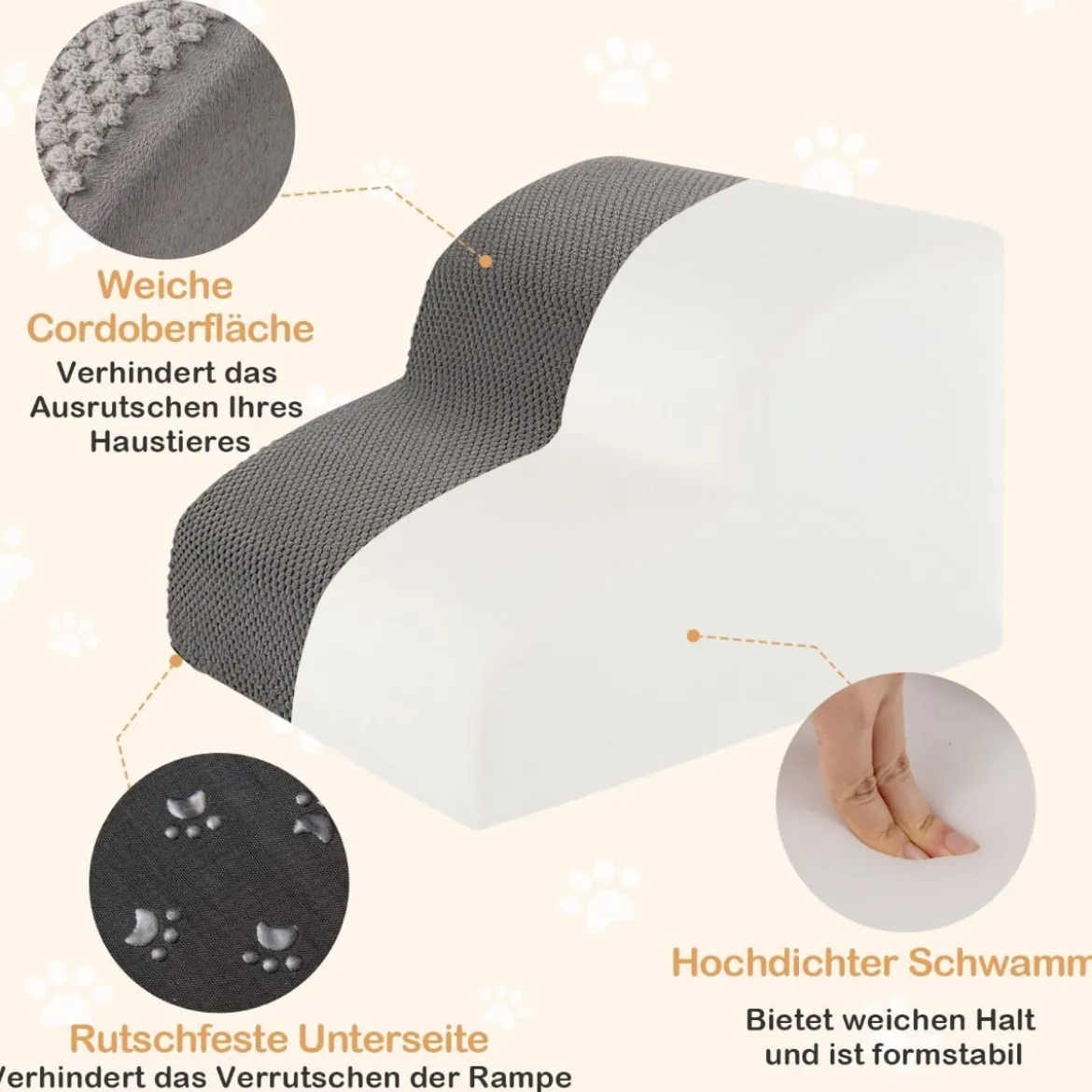 Hundetreppe 2 Stufen rutschfeste Hundestufe aus Schaumstoff 20kg belastbar Grau