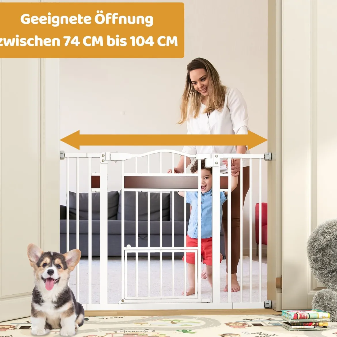 Hunde Türschutzgitter Türgitter ohne Bohren Schutzgitter mit Kleiner Tür Hundegitter Weiß