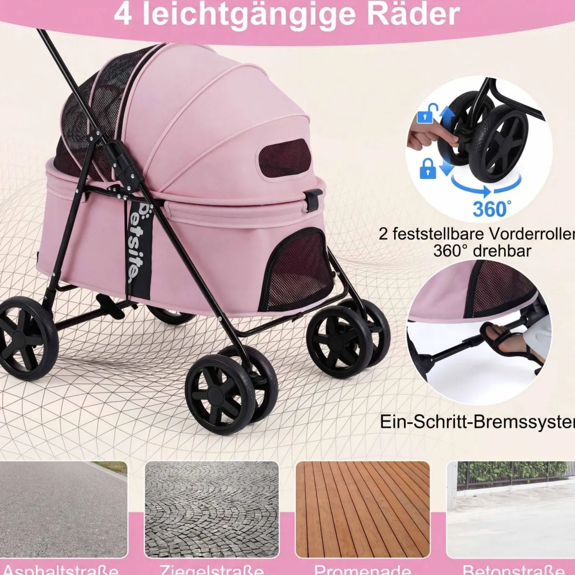 Hundewagen Faltbarer Hundebuggy mit 180° Verstellbarem Sonnendach & Feststellfunktion Rosa