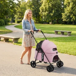 Hundewagen Faltbarer Hundebuggy mit 180° Verstellbarem Sonnendach & Feststellfunktion Rosa