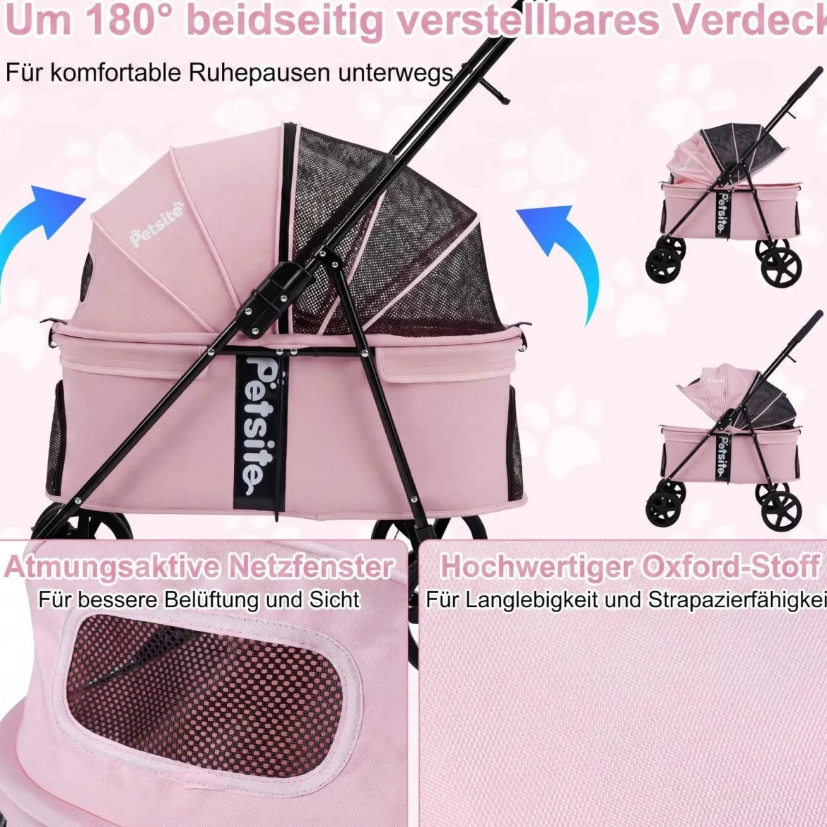 Hundewagen Faltbarer Hundebuggy mit 180° Verstellbarem Sonnendach & Feststellfunktion Rosa