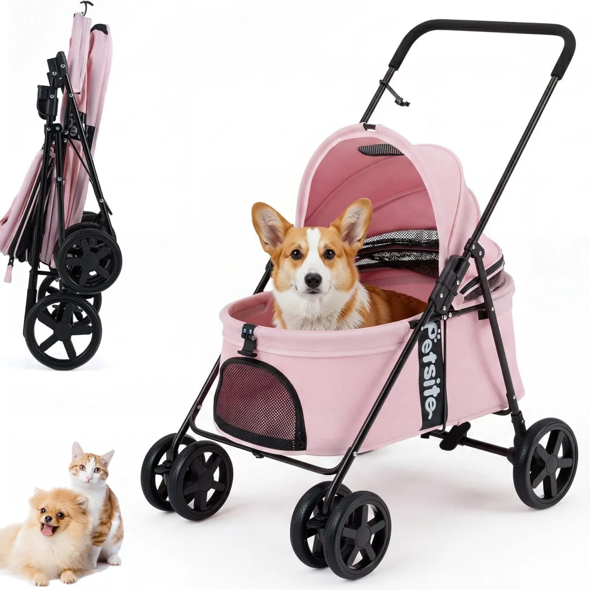 Hundewagen Faltbarer Hundebuggy mit 180° Verstellbarem Sonnendach & Feststellfunktion Rosa