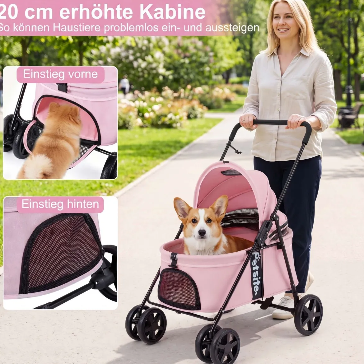 Hundewagen Faltbarer Hundebuggy mit 180° Verstellbarem Sonnendach & Feststellfunktion Rosa