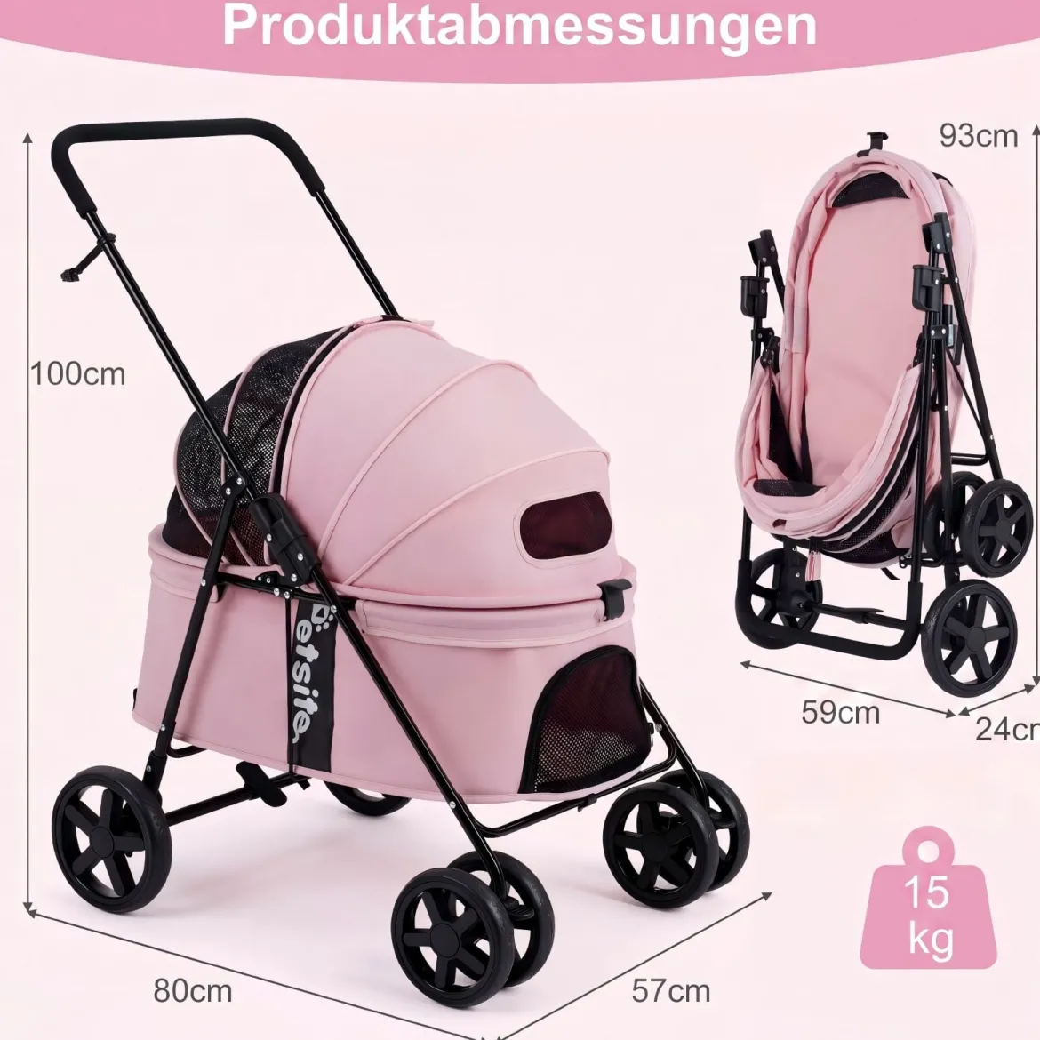 Hundewagen Faltbarer Hundebuggy mit 180° Verstellbarem Sonnendach & Feststellfunktion Rosa