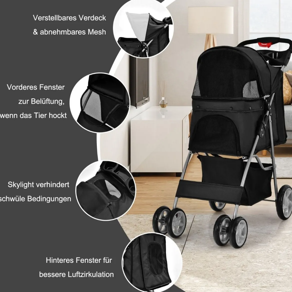 Hundewagen Haustiere Buggy bis 15kg Hundebuggy Katzenbuggy für kleine Hunde Katzen Schwarz