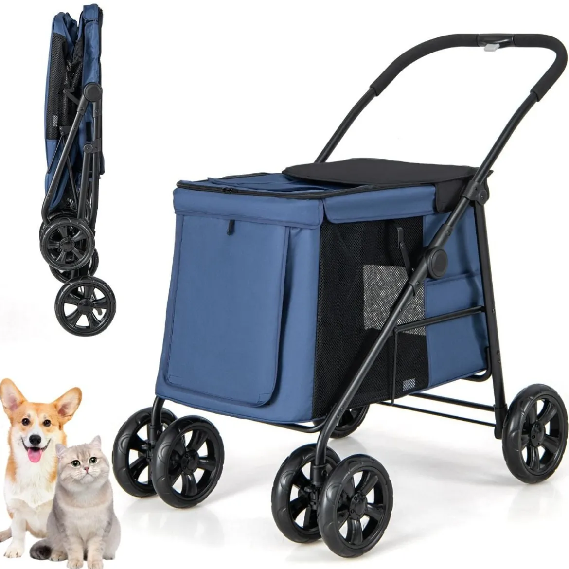 Hundewagen Hundebuggy klappbar bis 40 kg Hundetrolley mit Kissen 106 x 63 x 103 cm Blau