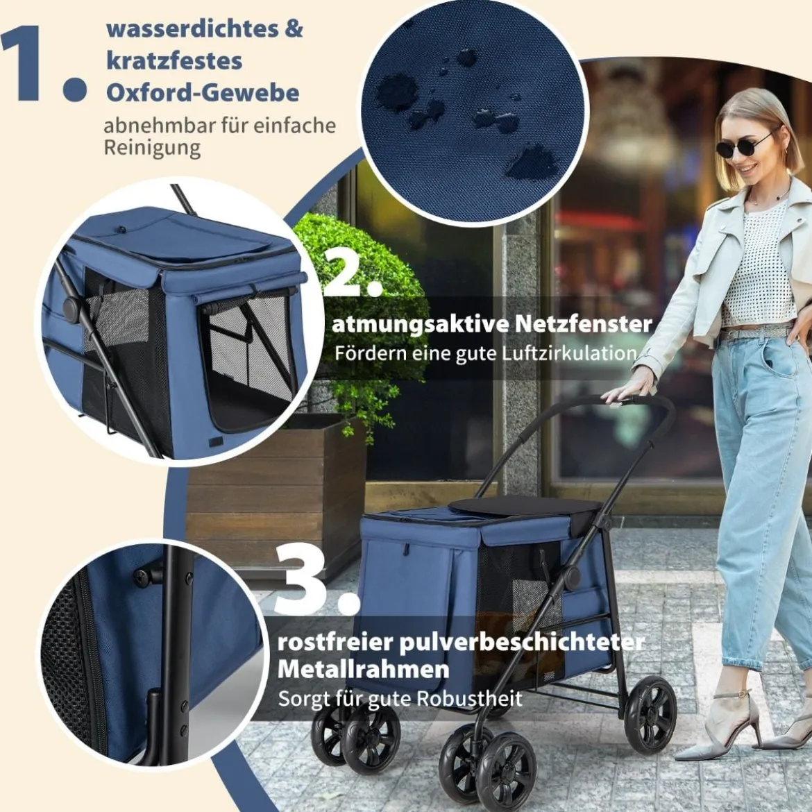 Hundewagen Hundebuggy klappbar bis 40 kg Hundetrolley mit Kissen 106 x 63 x 103 cm Blau