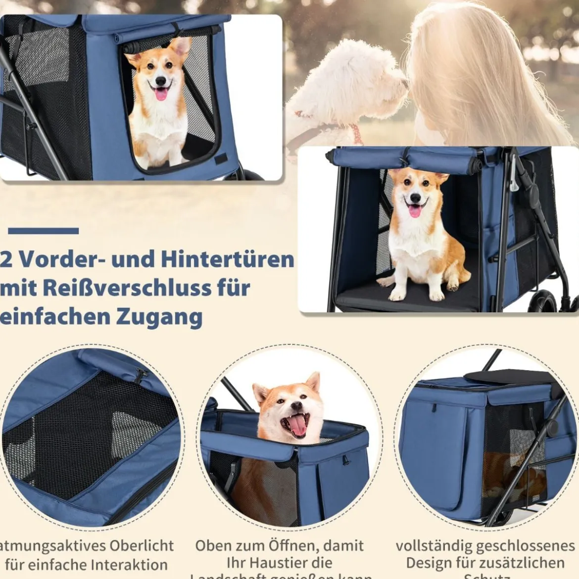 Hundewagen Hundebuggy klappbar bis 40 kg Hundetrolley mit Kissen 106 x 63 x 103 cm Blau