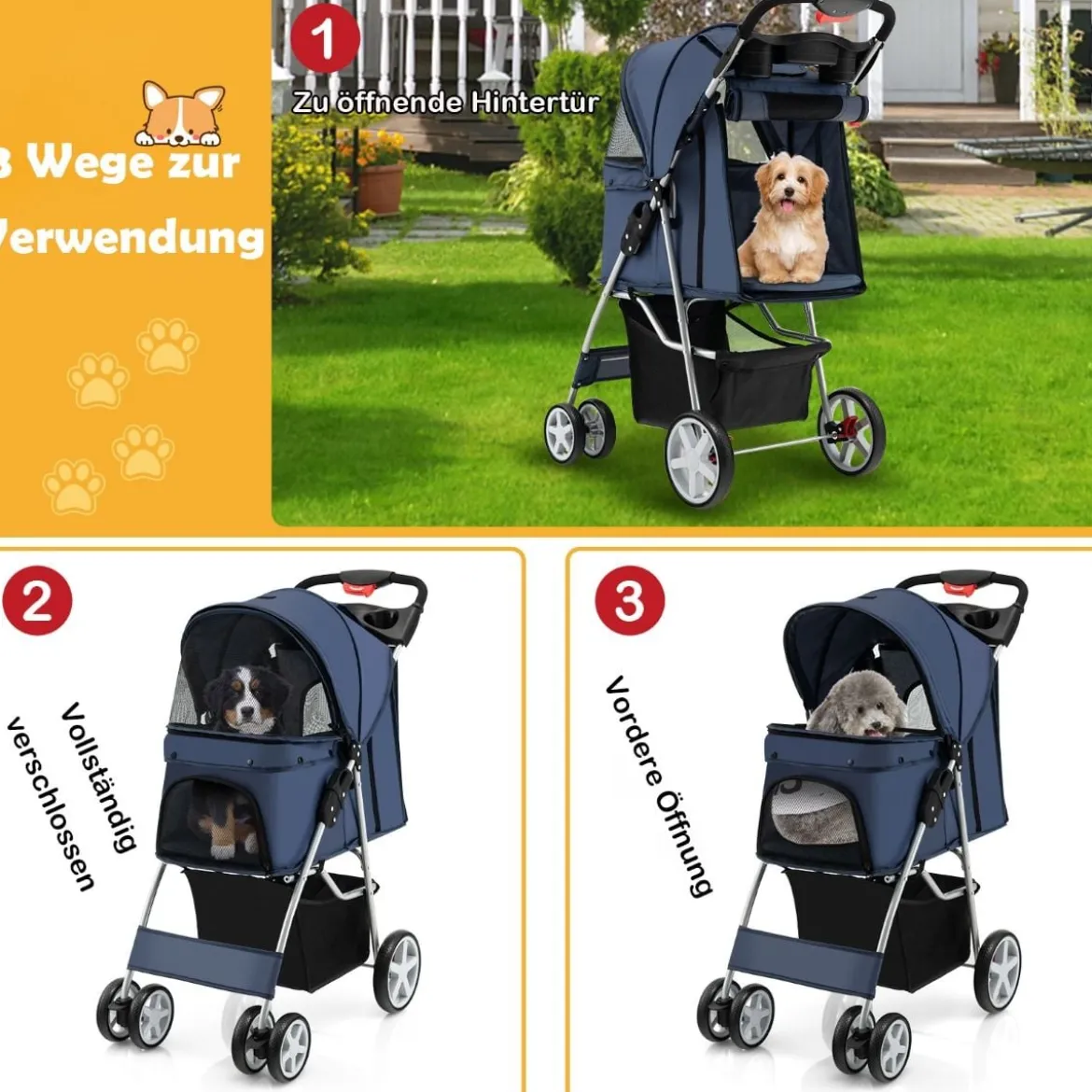 Hundewagen mit Netzfenstern & Getränkehalter & Anhänger Haustiere Buggy bis 15kg