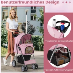 Hundewagen mit Netzfenstern & Getränkehalter & Anhänger Haustiere Buggy bis 15kg