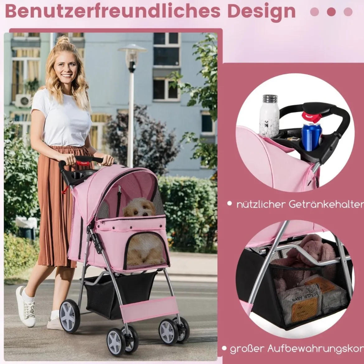 Hundewagen mit Netzfenstern & Getränkehalter & Anhänger Haustiere Buggy bis 15kg