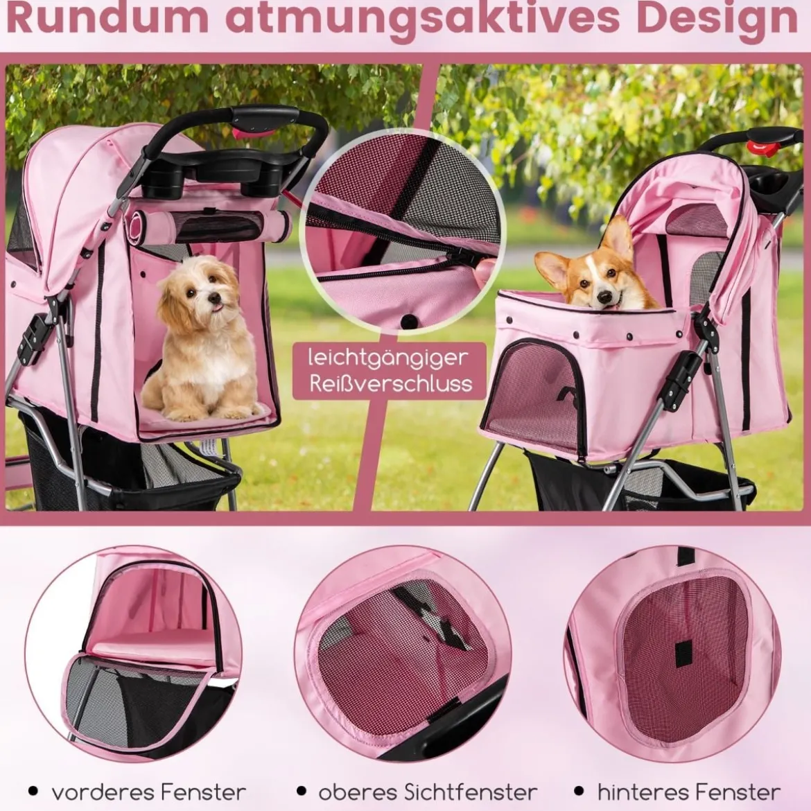 Hundewagen mit Netzfenstern & Getränkehalter & Anhänger Haustiere Buggy bis 15kg