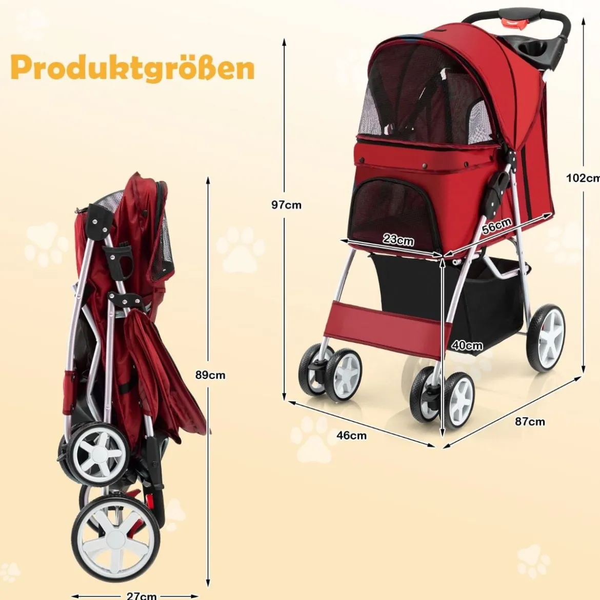 Hundewagen mit Netzfenstern & Getränkehalter & Anhänger Haustiere Buggy bis 15kg