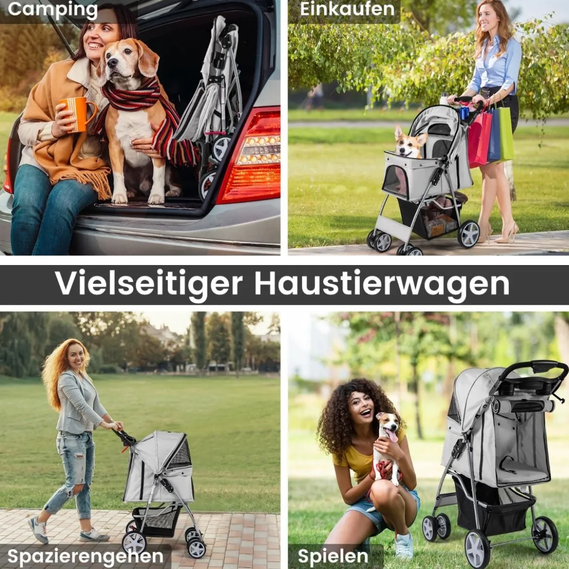 Hundewagen mit Netzfenstern & Getränkehalter & Anhänger Haustiere Buggy bis 15kg