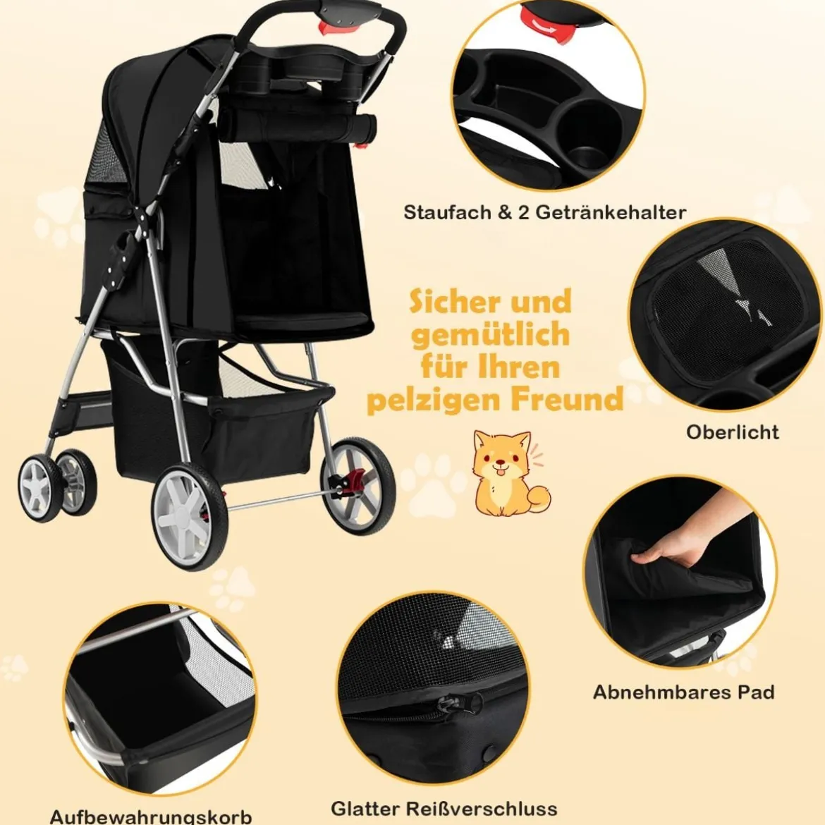 Hundewagen mit Netzfenstern & Getränkehalter & Anhänger Haustiere Buggy bis 15kg
